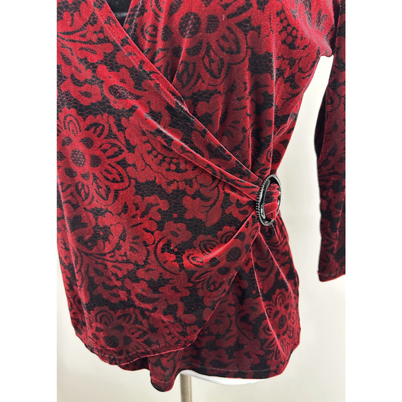 Choices Velvet Faux Wrap Blouse Lined Top Red Black Goth Vamp Whimsigoth Large - Picture 8 of 16